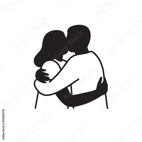 Faceless Two People Hugging – Bold Outline Emotional Moment Clipart on White Background