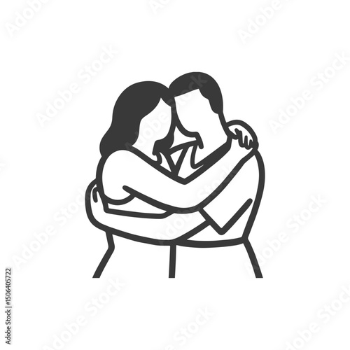 Faceless Two People Hugging – Bold Outline Emotional Moment Clipart on White Background