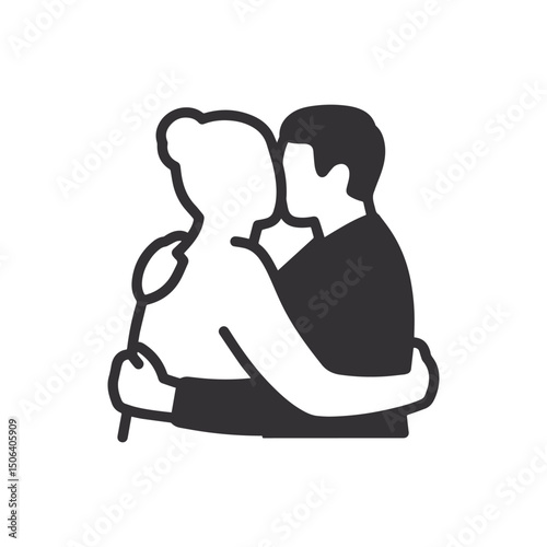 Faceless Two People Hugging – Bold Outline Emotional Moment Clipart on White Background