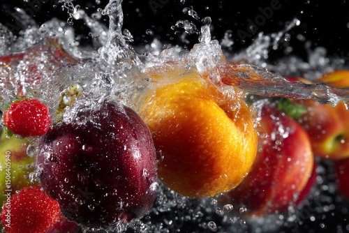 A bunch of fruit is splashing in water. The fruit includes apples, oranges, and strawberries