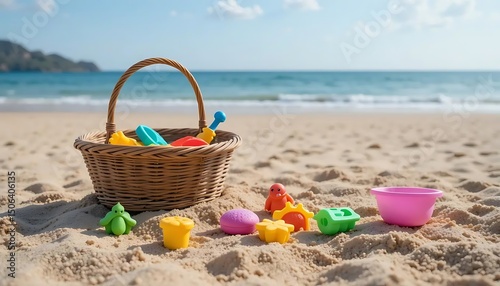 a basket of sand toys at the beach