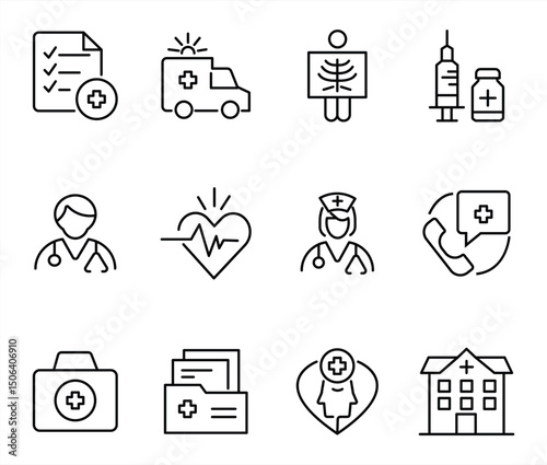 healthcare icons, such as medical, hospital, doctor, health, and more. with transparent background Editable strokes. vector illustration