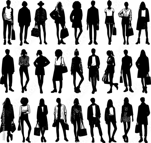 Vector silhouettes man and women, illustrations isolated on white background. Silhouettes of young people posing in fashionable clothes. EPS 10 version.