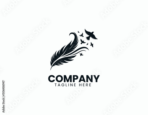 Elegant Black Feather Silhouette Releasing Smaller Birds Flying Vector Logo Design