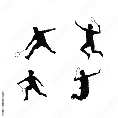 Dynamic Silhouette Set of Male Badminton Players Performing Jump Smashes Vector Sports Illustration Isolated on White Background