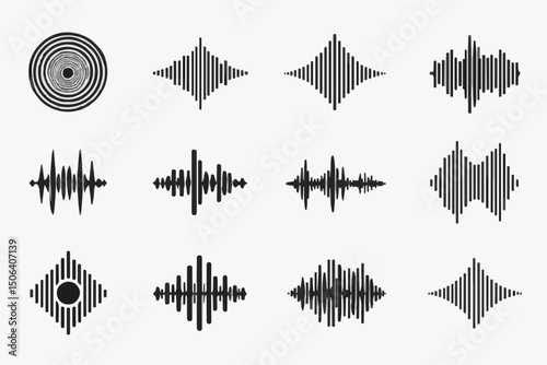 Set of 10 unique black-and-white waveform and target designs, ideal for audio, music, or tech projects. High-quality vector art, perfect for logos, illustrations, or creative graphics. Minimalist styl
