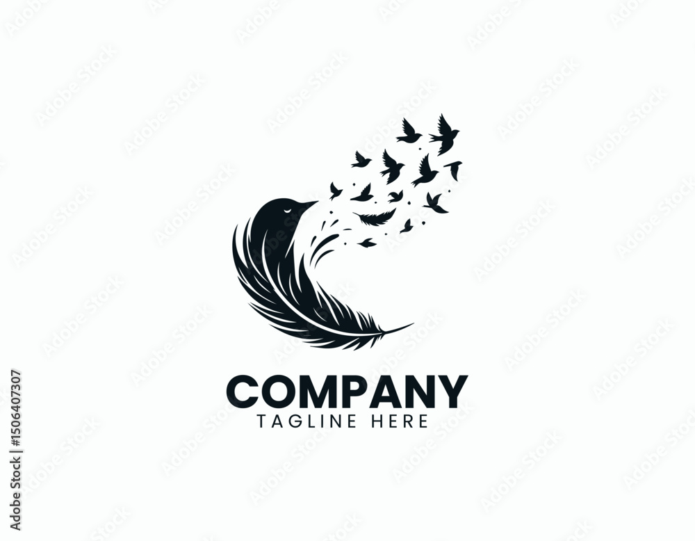 Fototapeta premium Elegant Black Feather Silhouette Releasing Smaller Birds Flying Vector Logo Design