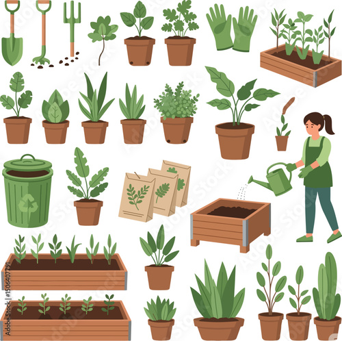 Design a vector set about home gardening. Include tools (shovel, watering can, gloves), potted plants, seed packets, compost bin, raised garden beds,.eps
