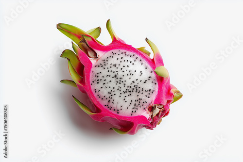 A small piece of a red dragon fruit with black seeds. The fruit is cut in half, revealing the seeds inside