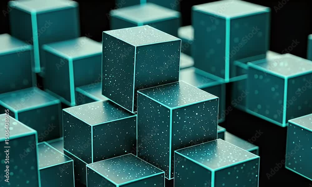Teal 3D Cubes with Pixelated Texture Arranged Against a Dark Background