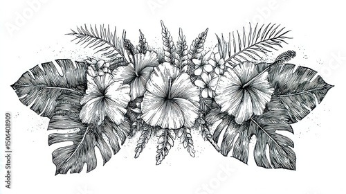 Illustration of Tropical Flowers and Leaves, Black and White