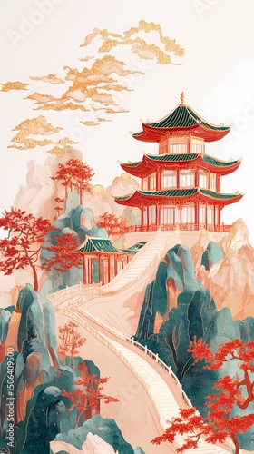 Traditional Chinese gold red green mountain pavilion illustration poster background