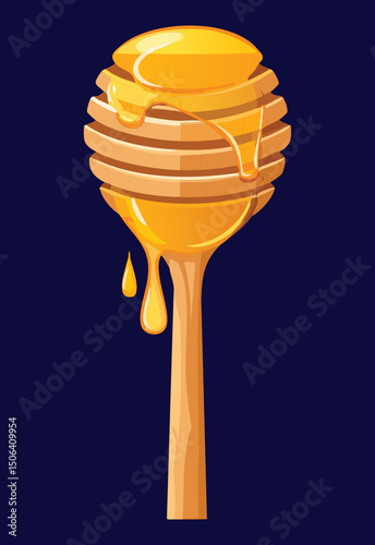 honey dripping from a wooden dipper - vector illustration