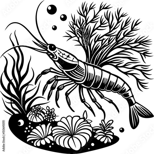 Black and white shrimp illustration in aquatic setting
