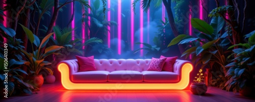 Pink Neon Lit Sofa in Lush Tropical Jungle Setting