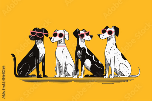 Hand drawn style illustration of cool dogs wearing summer sunglasses