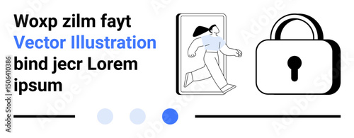 Person stepping out of a phone screen next to a large lock symbolizing data security, accessibility, and privacy. Ideal for tech, security, digital apps, innovation, mobile solutions, user privacy