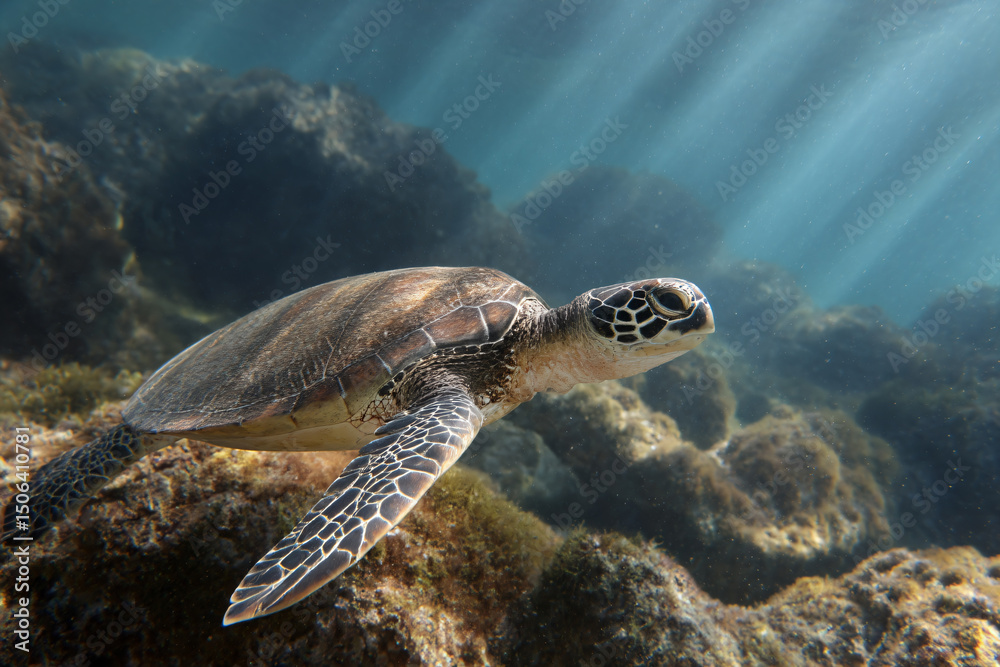 Obraz premium a turtle swimming in the ocean with sun shining through the water