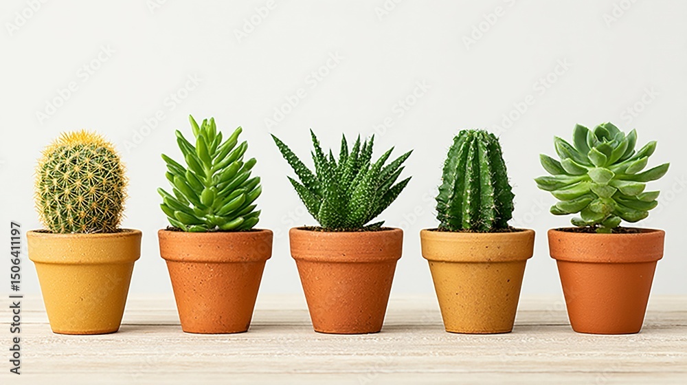 Fototapeta premium Various succulents and cacti in terracotta pots.