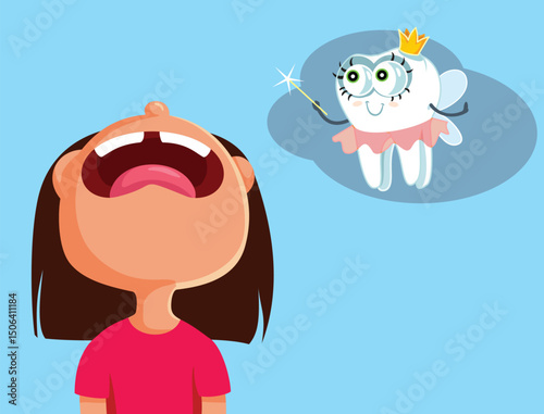 Girl Losing Primary Teeth Thinking of Tooth Fairy Vector Cartoon. Child losing milk tooth feeling a little nervous and unhappy 
