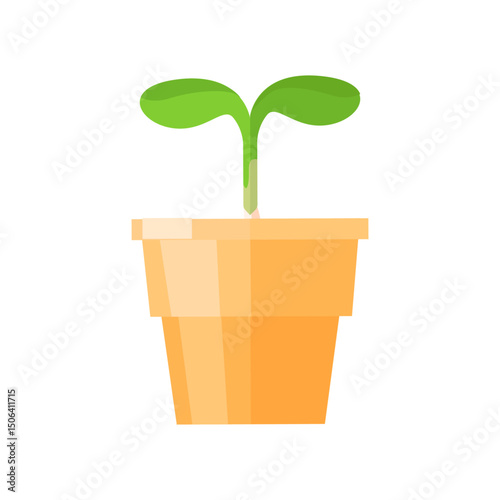 Flat vector of a young green sprout in an orange pot. Ideal for gardening apps, plant growth stages, eco campaigns, education, and nature-themed designs.