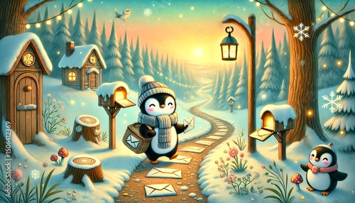 A heartwarming illustration of a penguin mail carrier delivering glowing letters in a sunlit, snow-melting forest, with cozy woodland homes, magical floating lights, and a dreamy pastel atmosphere