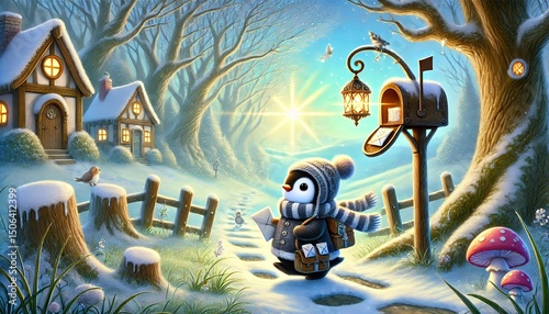 A whimsical, fantasy illustration of a penguin mail carrier journeying through a magical, snow-melting forest, delivering glowing letters to woodland creatures as spring softly awakens the land