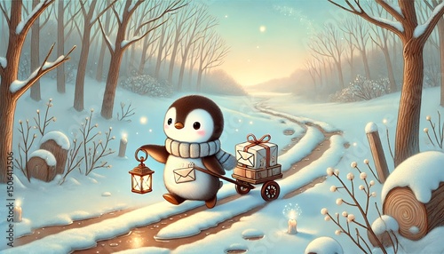 A charming and whimsical illustration of a small penguin mail carrier delivering glowing letters and magical parcels along a melting snowy path in an early spring forest, under a soft pastel sky