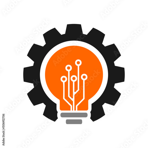 tech with the lamp blub insid gear vector logo