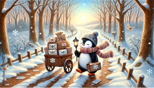 A Small Penguin Mail Carrier Delivers Magical Letters Through a Melting Snowy Forest on a Warm Spring Day