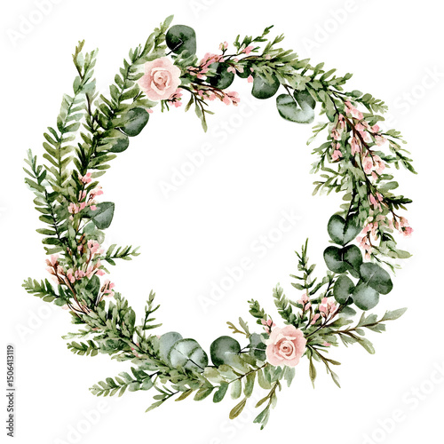 Watercolor floral wreath with eucalyptus leaves and pink roses isolated on transparent background