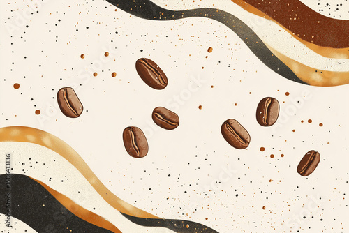 Cartoon illustration of dark roasted coffee beans floating gently on a warm brown background.