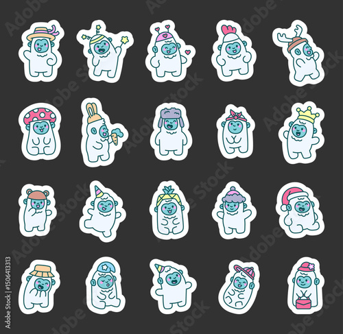 Cute yeti character set featuring various funny hats smiling faces happy poses cheerful activities adorable emotions attractive outfits positive vibes