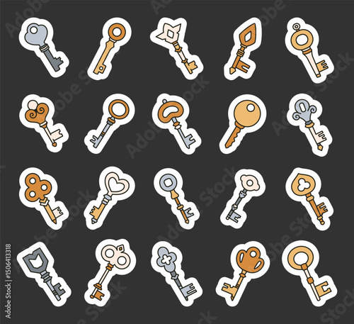 Key security access set with cute outline design featuring, privacy protection symbols, unlocking doors, safety tools for yours illustration and creative projects
