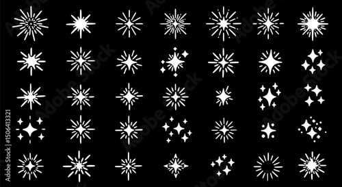 30 White Sparkling Stars Glimmer Shine Burst Icons Set Vector Illustration