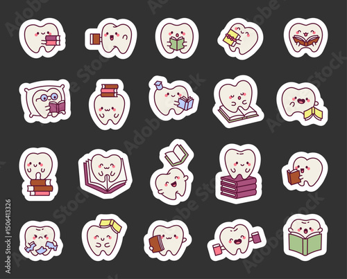Adorable tooth character set showing smiling emotions holding a book reading activities wearing glasses resting on a pillow sleeping and celebrating graduation success for yours projects