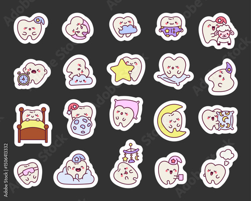 Tooth sleep character set showing adorable moments with nightcap dreams, cozy clouds, soft blankets, comfy pillows, smiling moons, mug for yours projects