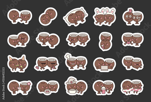 Coconut couple character set with happy emotions smiling activities funny poses charming costumes holding objects and adorable scenes for your creative designs projects