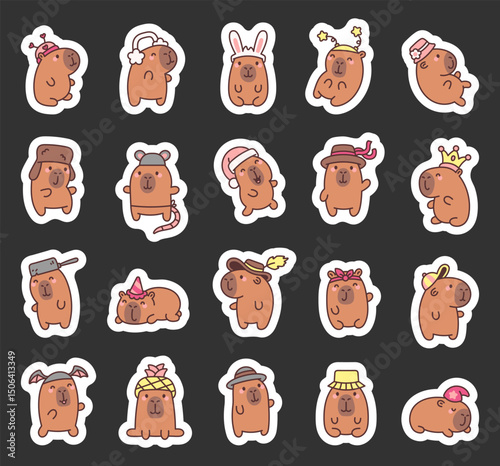 Capybara wearing funny hats with heart, antennae, bunny ears, star decorations, flower accessories, winter earmuffs, crown, frying pan, panama, baseball cap, for celebrations