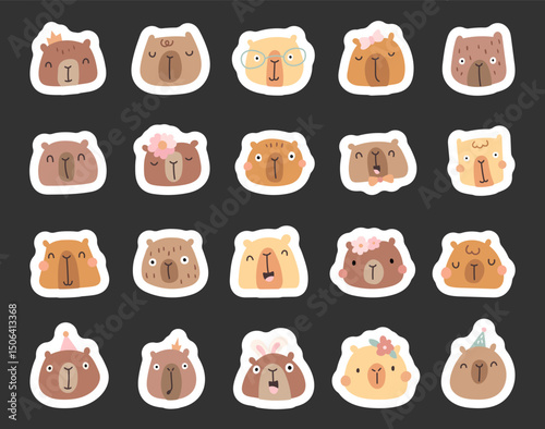 Cute capybara character scandinavian style set created for childrens forest themed decorations and animal illustration for your charming creative design projects