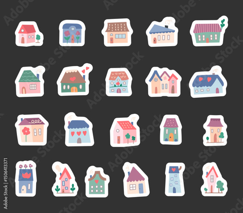 House set in scandinavian, featuring residential cottage buildings with rooftops, chimneys, windows and doors created for illustration and creative design projects in simple architectural style
