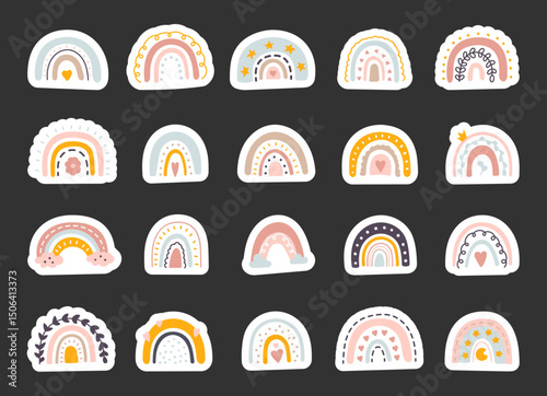 Hand drawn rainbow set with charming curved shapes scandinavian decorative elements created for cozy atmospheric nursery weather themed illustration design projects