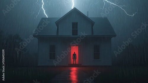 A suspenseful and eerie movie still depicting a haunted house silhouetted against a dark stormy sky with dramatic lightning bolts illuminating the ominous scene