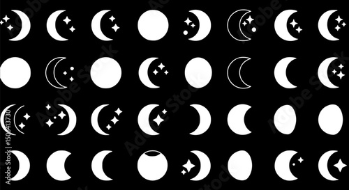 Moon Phases Celestial Cycle Night Sky Stars White Moons Black Backgrou