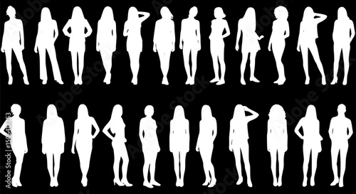 30 Female Silhouettes White on Black Fashion Design Vector Illustratio