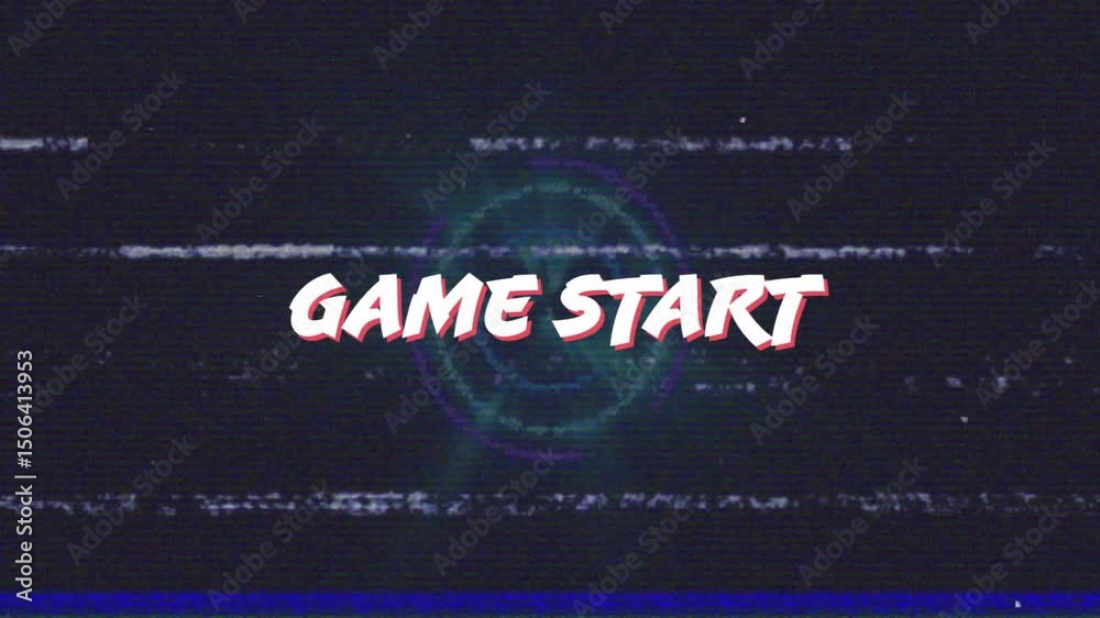 ME STA drifting, GAME START snapping with sweeping VHS static and pulsing emblem signaling start