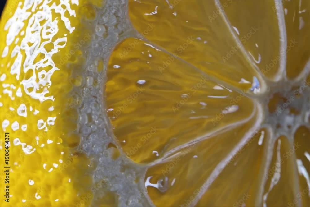 Close-up of a fresh lemon slice showing vibrant yellow flesh and textured surface. The juicy segments are clearly visible, highlighting the fruit's freshness and appeal.