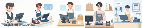vector young man working cashier