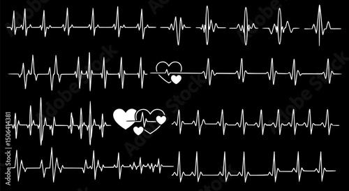 Heartbeat EKG Love Pattern Black Background White Hearts