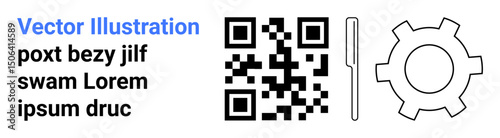 QR code with placeholder text, gear showing mechanics, and vertical line. Ideal for technology, coding, automation, innovation, development, industry simple landing page
